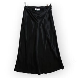 XS/S Black 90s Vintage Harlow Satin Midi Slip Skirt Bias Cut Side Zip Minimalist